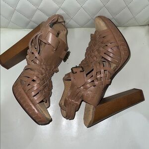 Naughty Monkey Brown Woven Leather Sandal Heels
